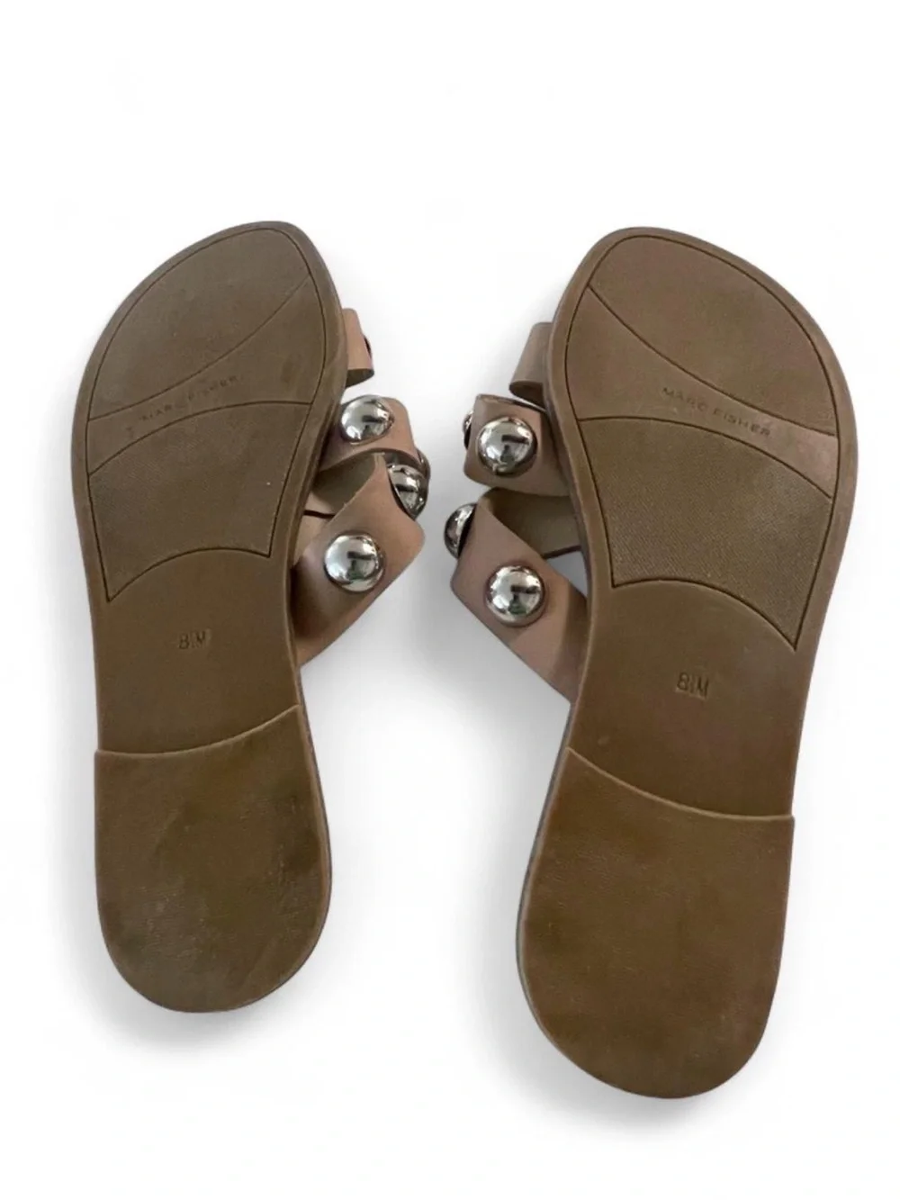 Marc Fisher Taupe Leather Slide Sandals with Silver Studs